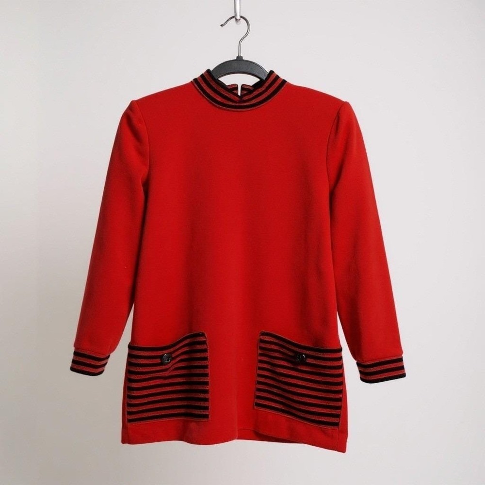 Vintage Red Mini‎ Dress / Tunic With Black Striped Collar & Pockets Long Sleeves
